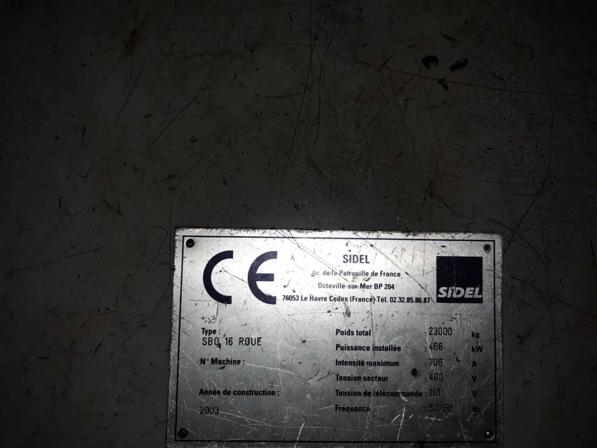 Placa de identificación of SIDEL SBO 16 series 2